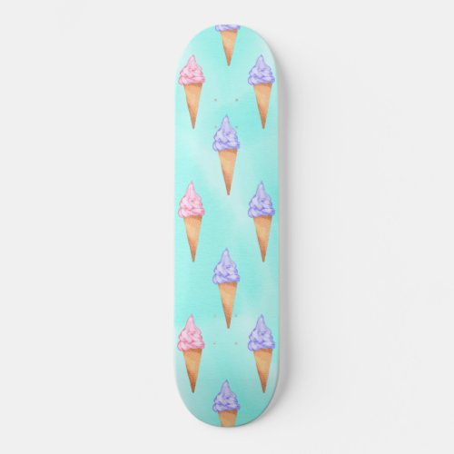 Cute Pink Purple Summer Ice Cream Cones Watercolor Skateboard