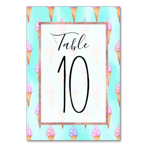 Cute Pink Purple Summer Ice Cream Cones Watercolor Table Number