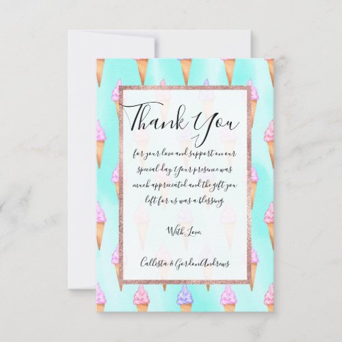 Cute Pink Purple Summer Ice Cream Cones Watercolor Thank You Card