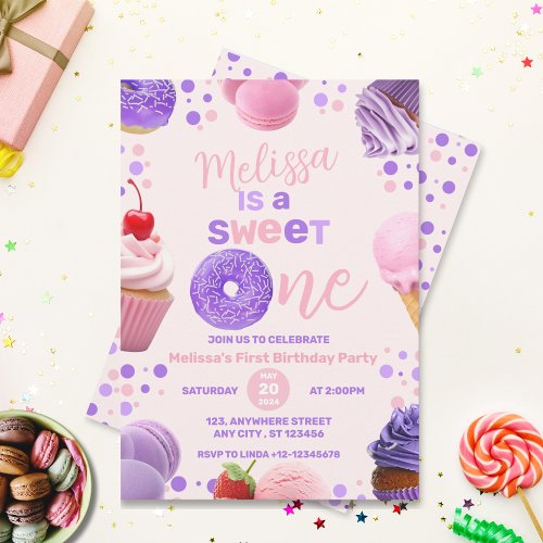 Cute Pink Purple Sweet One Girls 1st Birthday Invitation