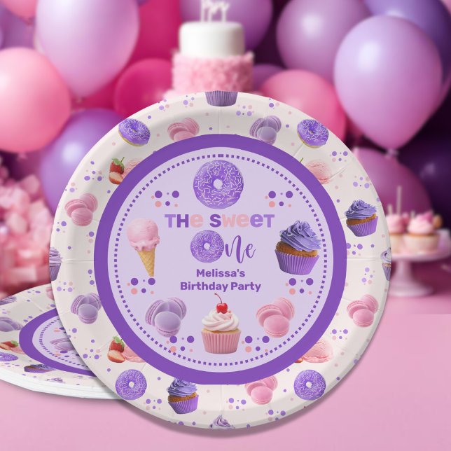 Cute Pink Purple Sweet One Girl's Birthday  Paper Plates (Creator Uploaded)