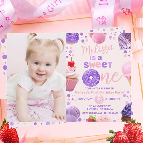 Cute Pink Purple Sweet One Girls Birthday Photo Invitation