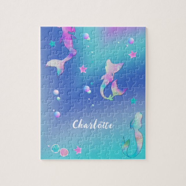 Cute Pink Purple Teal Mermaids Girly Personalized Jigsaw Puzzle (Vertical)