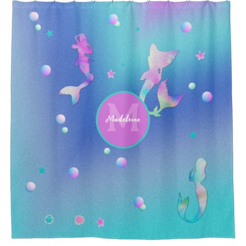 Cute Pink Purple Teal Sea Ocean Mermaid Monogram Shower Curtain