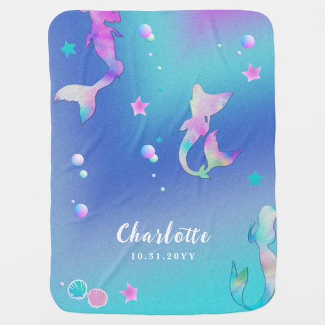 Cute Pink Purple Teal Under the Sea Mermaids Girl Baby Blanket (Front)