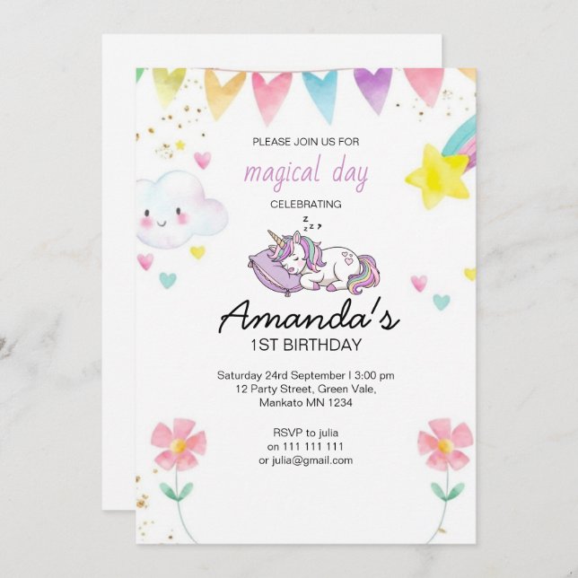 Cute Pink Purple Unicorn Confetti Birthday Party Invitation (Front/Back)