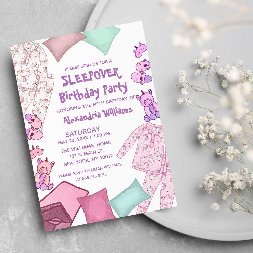 Cute Pink Purple Unicorn Pajama Sleepover Birthday Invitation Postcard