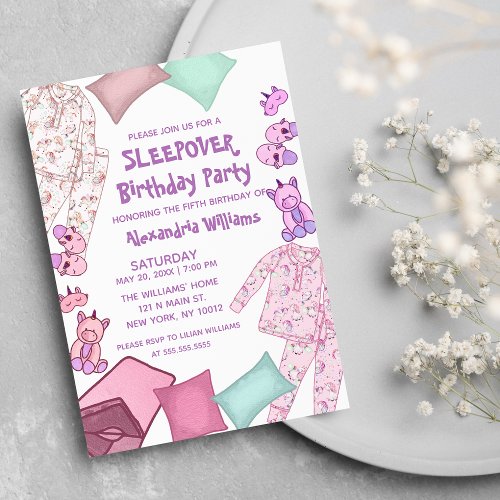 Cute Pink Purple Unicorn Pajama Sleepover Birthday Magnetic Invitation