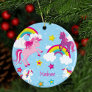 Cute Pink Purple Unicorns and Rainbows Christmas Ceramic Ornament