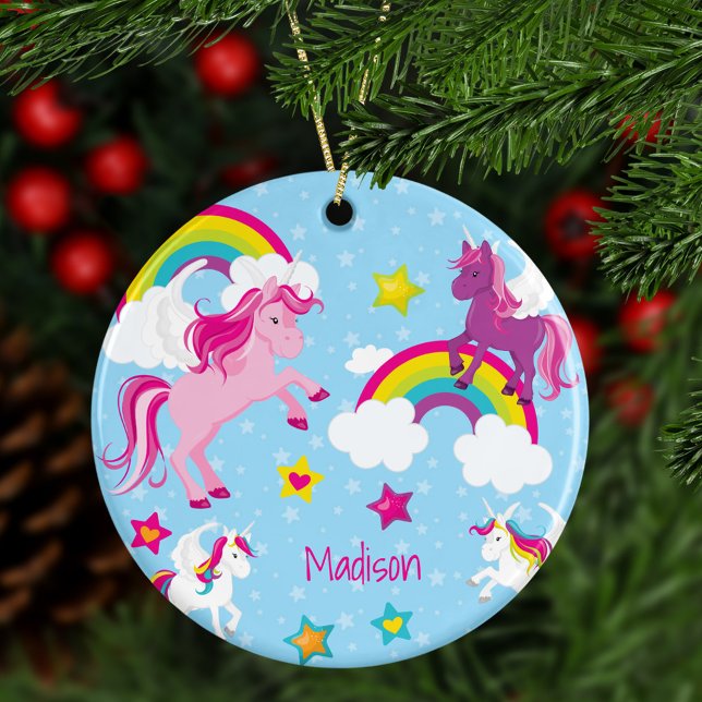 Cute Pink Purple Unicorns and Rainbows Christmas Ceramic Ornament (Creator Uploaded)