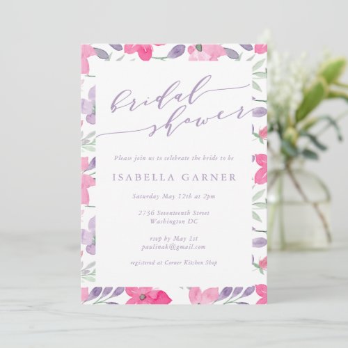 Cute Pink Purple Watercolor Flowers Bridal Shower Invitation