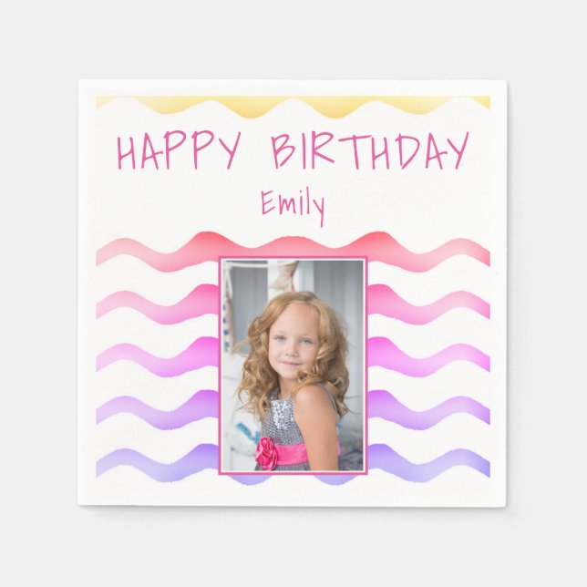 Cute Pink Purple Waves Girl Birthday Photo Napkins (Front)