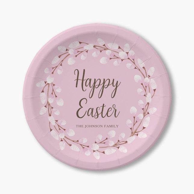 Cute Pink Pussy Willow Happy Easter  Paper Plates (Cute Pink Pussy Willow Happy Easter Paper Plates)