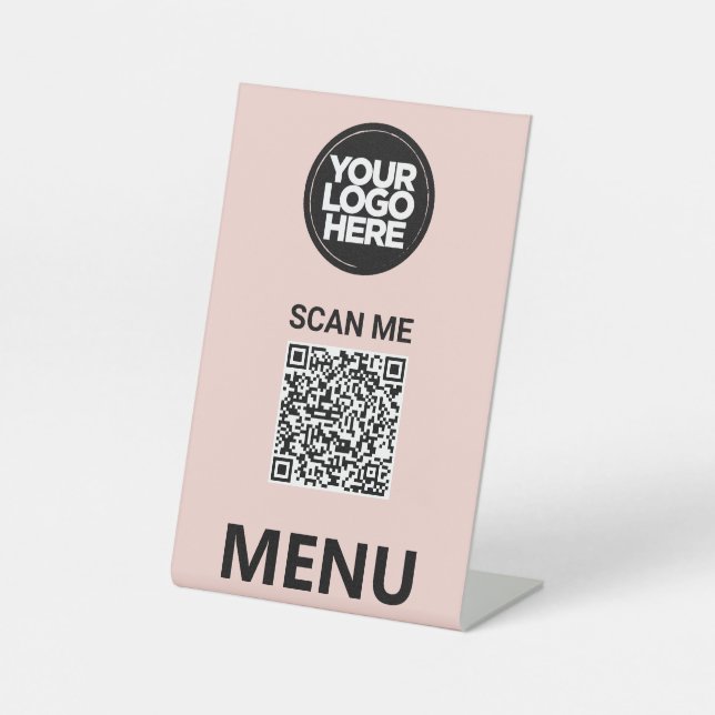 Cute Pink Qr Code Menu | Logo Contactless Modern Pedestal Sign (Front)