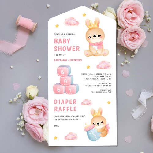 Cute Pink Queen Bunny Girl Baby Shower All In One Invitation
