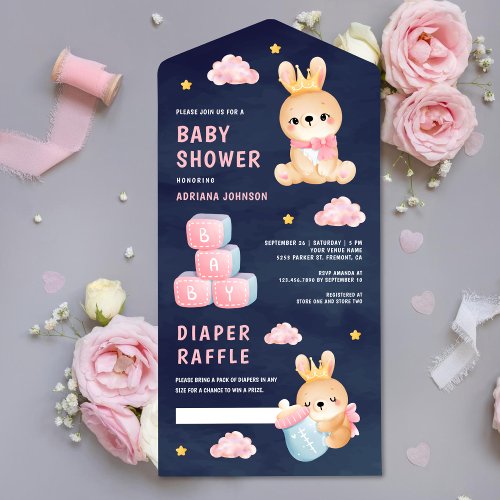 Cute Pink Queen Bunny Girl Navy Blue Baby Shower All In One Invitation