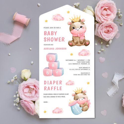 Cute Pink Queen Cow Girl Baby Shower All In One Invitation