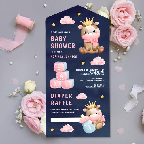 Cute Pink Queen Cow Girl Navy Blue Baby Shower All In One Invitation
