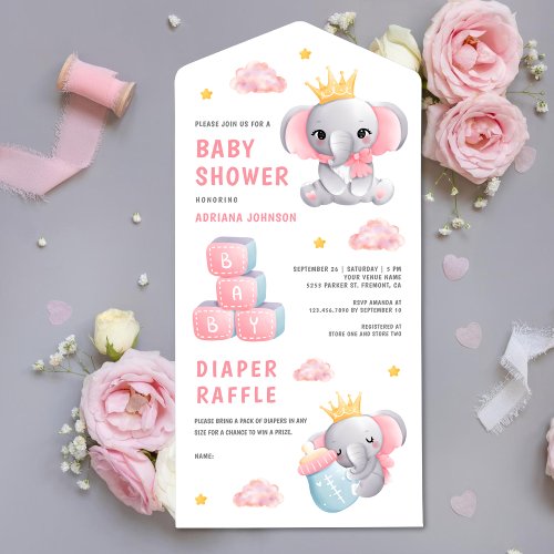 Cute Pink Queen Elephant Girl Baby Shower All In One Invitation