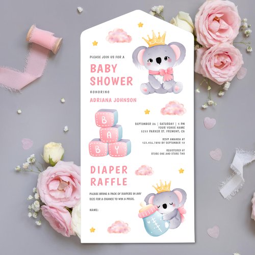 Cute Pink Queen Koala Bear Girl Baby Shower All In One Invitation