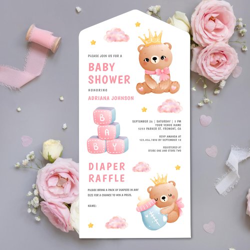 Cute Pink Queen Teddy Bear Girl Baby Shower All In One Invitation