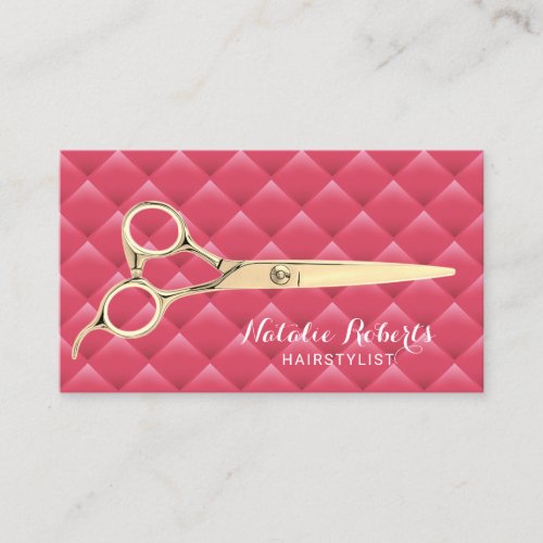 Cute Pink Quilted Gold Scissor Hair Stylist Salon Business Card