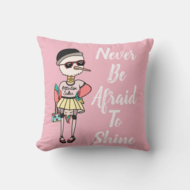 Cute Pink Quirky Bird with Inspirational Quote Throw Pillow (Front)