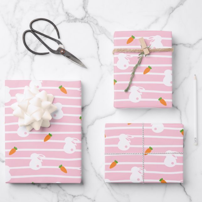 Cute Pink Rabbit and Carrot Pattern Wrapping Paper Sheets (Front)