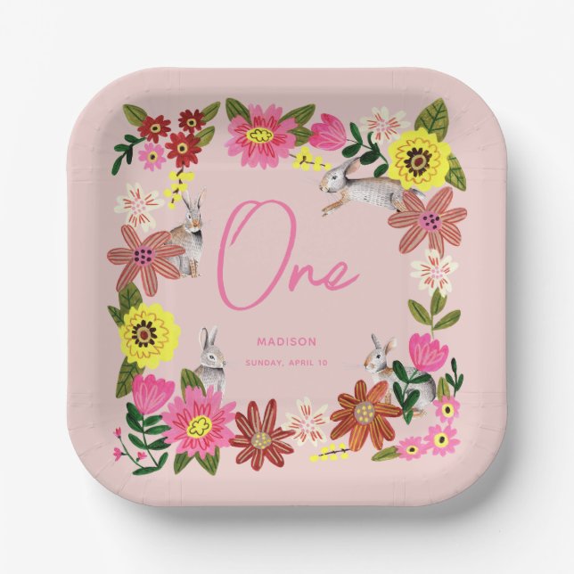 Cute Pink Rabbit Bunny Girl Birthday Party Paper Plates (Front)