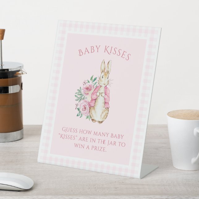 Cute Pink Rabbit Floral Baby Shower Pedestal Sign (In SItu)