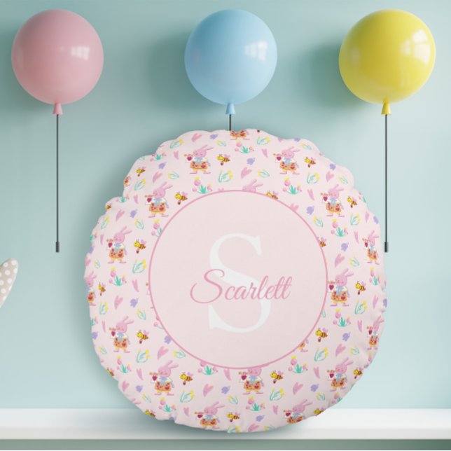 Cute Pink Rabbit Trumpet Garden Blue Monogram Round Pillow (Creator Uploaded)