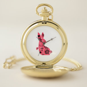 Cute Pink Rabbit With Flower Symbol Pocket Watch