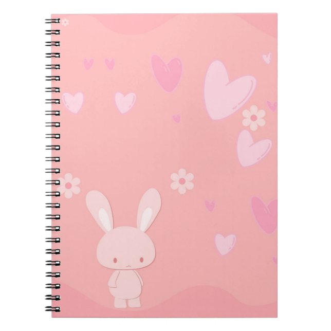 Cute Pink Rabbit with Hearts Illustration Notebook (Front)