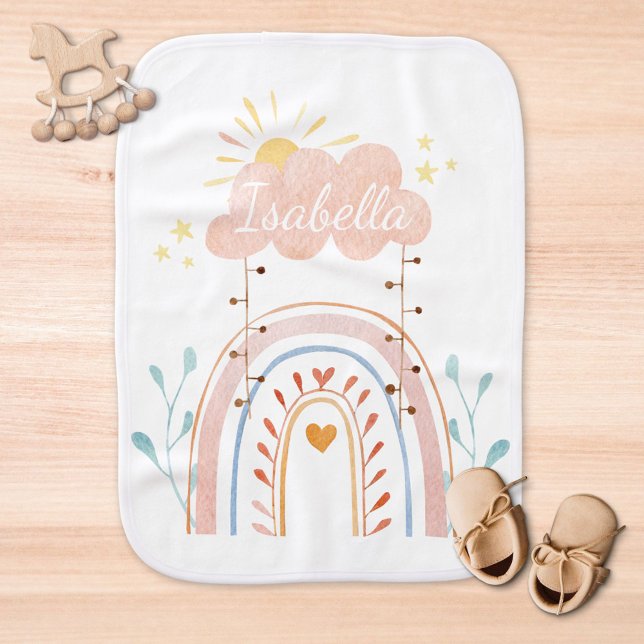 Cute Pink Rainbow Baby Burp Cloth (Close up)