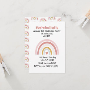 Cute Pink Rainbow Boho Chic Birthday Invitation