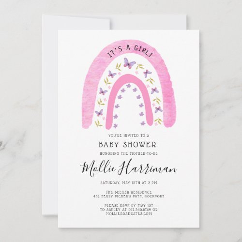 Cute Pink Rainbow Butterfly Boho Baby Shower Invitation