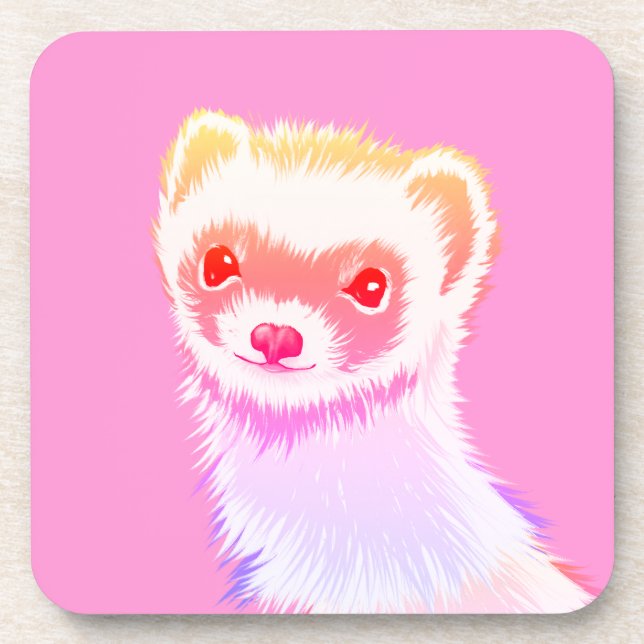 Cute Pink Rainbow Ferret - Girly Animal Illustrati Beverage Coaster (Front)