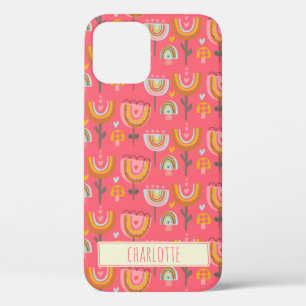 Cute Pink Rainbow Flowers Personalized Name iPhone 12 Case