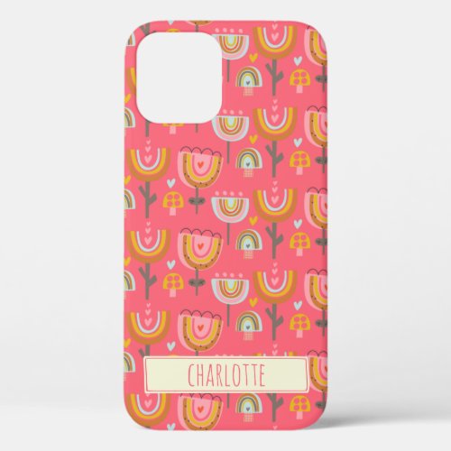 Cute Pink Rainbow Flowers Personalized Name iPhone 12 Case