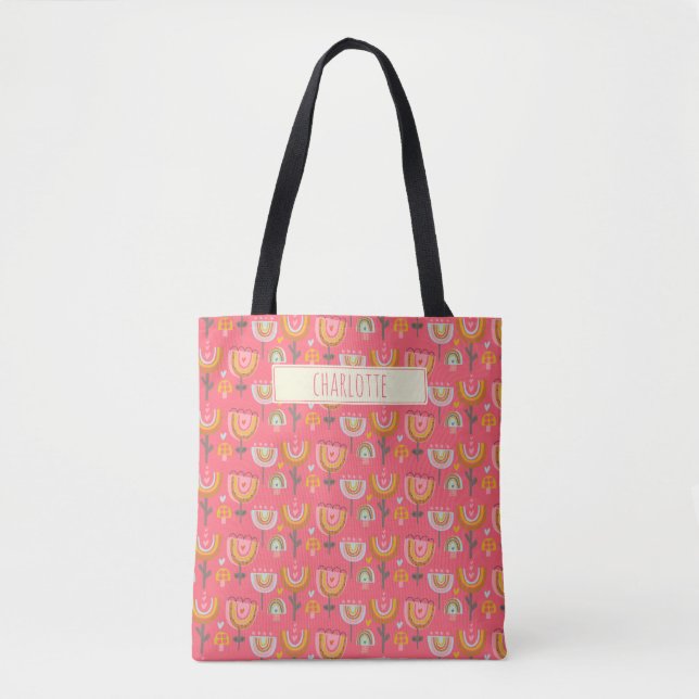 Cute Pink Rainbow Flowers Personalized Name Tote Bag (Front)