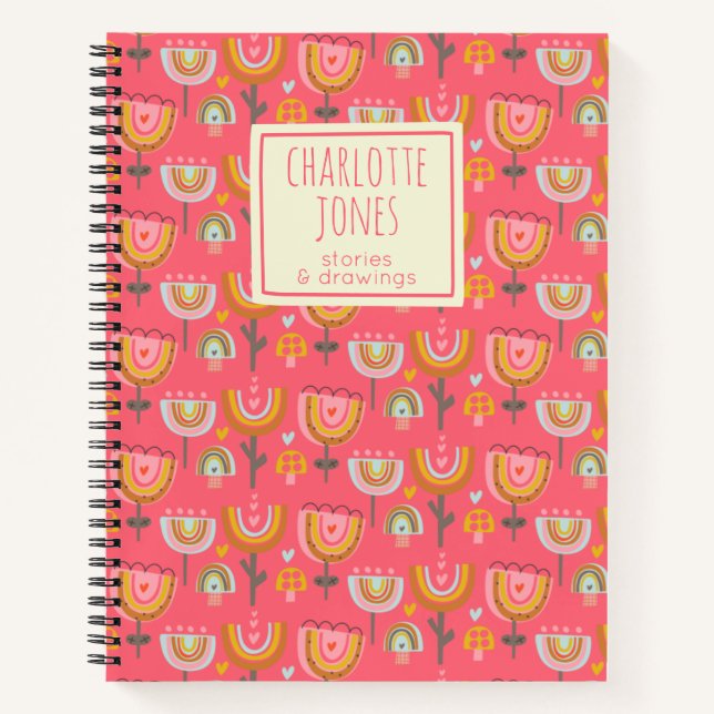 Cute Pink Rainbow Flowers Personalized Story Notebook (Front)