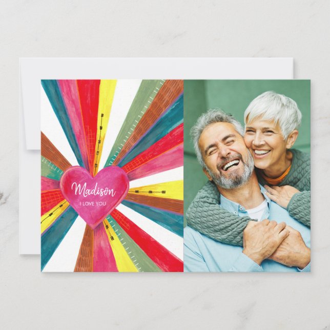 Cute Pink Rainbow Heart Photo Holiday Card (Front)