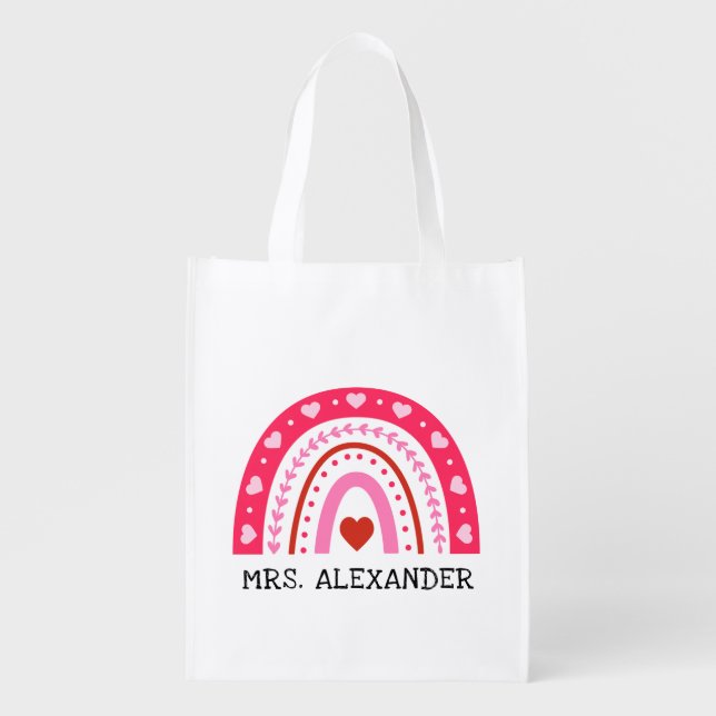 Cute Pink Rainbow Heart Teacher Valentine's Day Grocery Bag (Front)