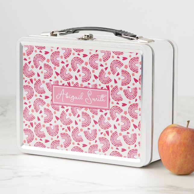 Cute Pink Rainbow & Hearts Pattern Kids Lunch Box (In Situ)