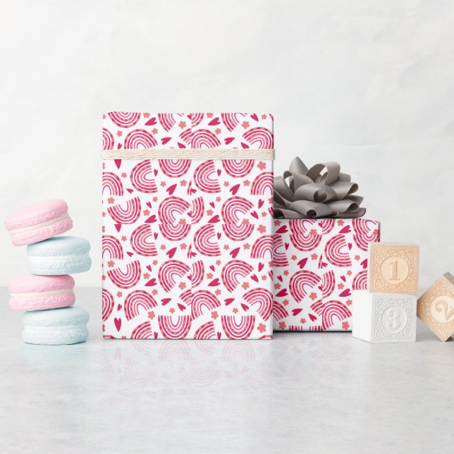 Cute Pink Rainbow & Hearts Pattern Kids  Wrapping Paper (Baby Shower)