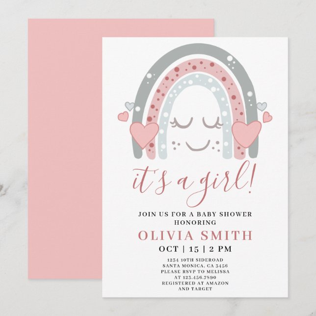 Cute Pink Rainbow Its a Girl Baby Shower Invitation (Front/Back)
