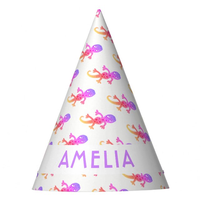 Cute Pink Rainbow Lizard Gecko BIrthday Party Hat (Front)
