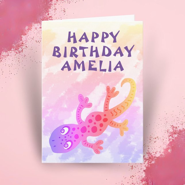 Cute Pink Rainbow Lizard Gecko Happy Birthday Card (Creator Uploaded)