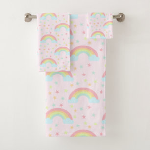 Cute Pink Rainbow Stars Soft Pastel Color Kawaii Bath Towel Set