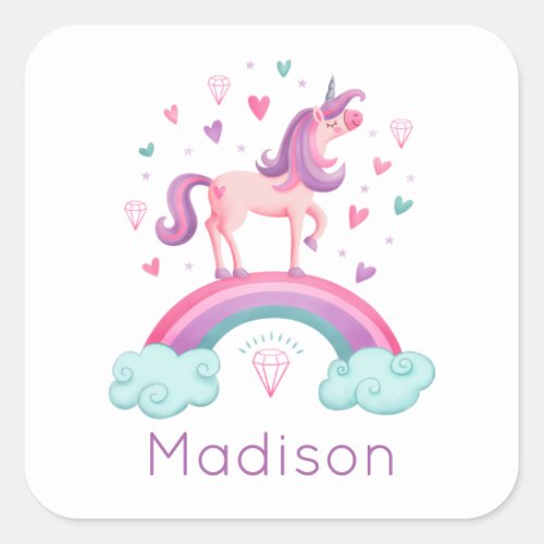 Cute Pink Rainbow Unicorn Birthday Party Square Sticker